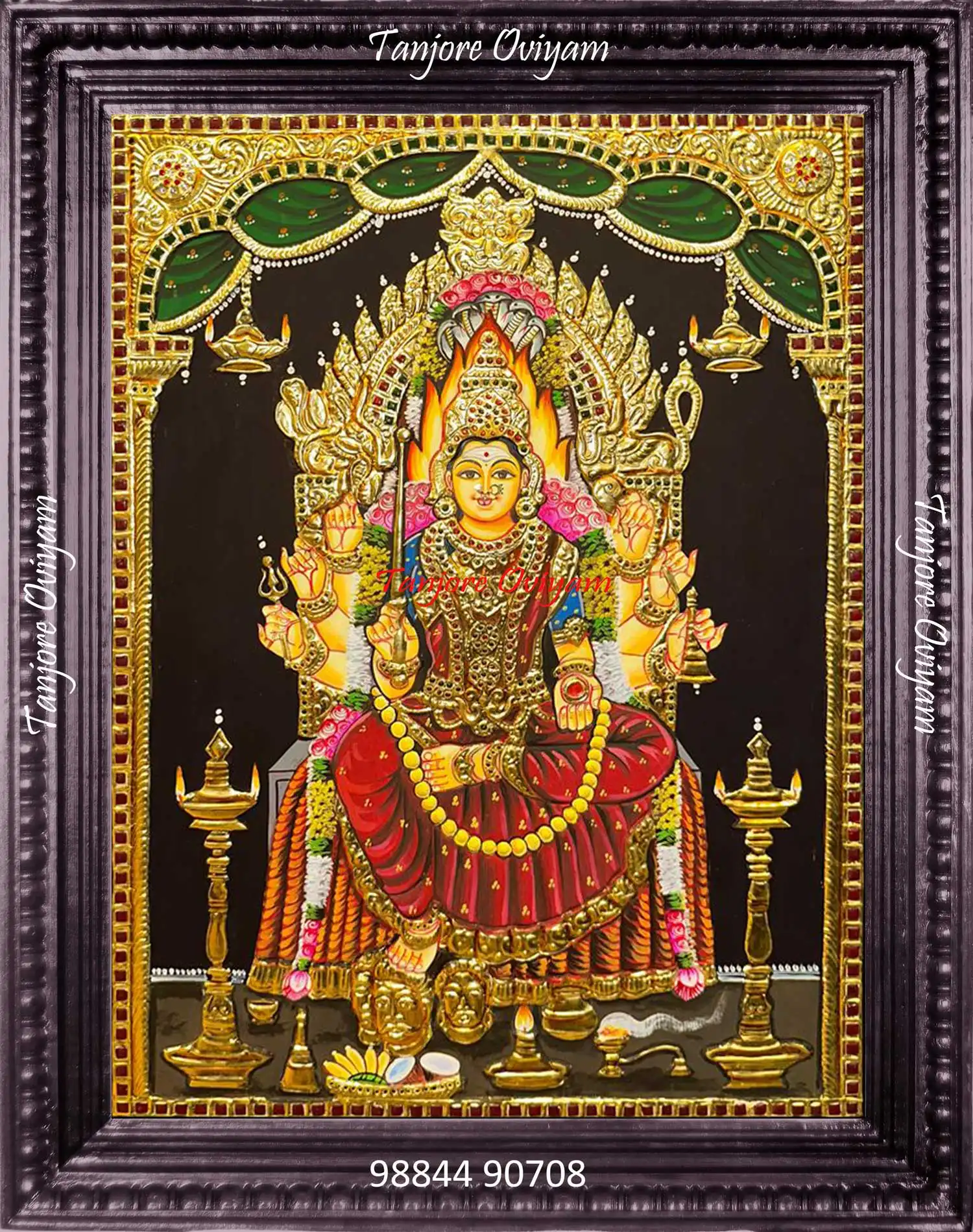 Samayapuram Mariamman Tanjore Painting showing Goddess Mariamman seated on a golden throne with flaming aura and temple arch, handcrafted in traditional Thanjavur style